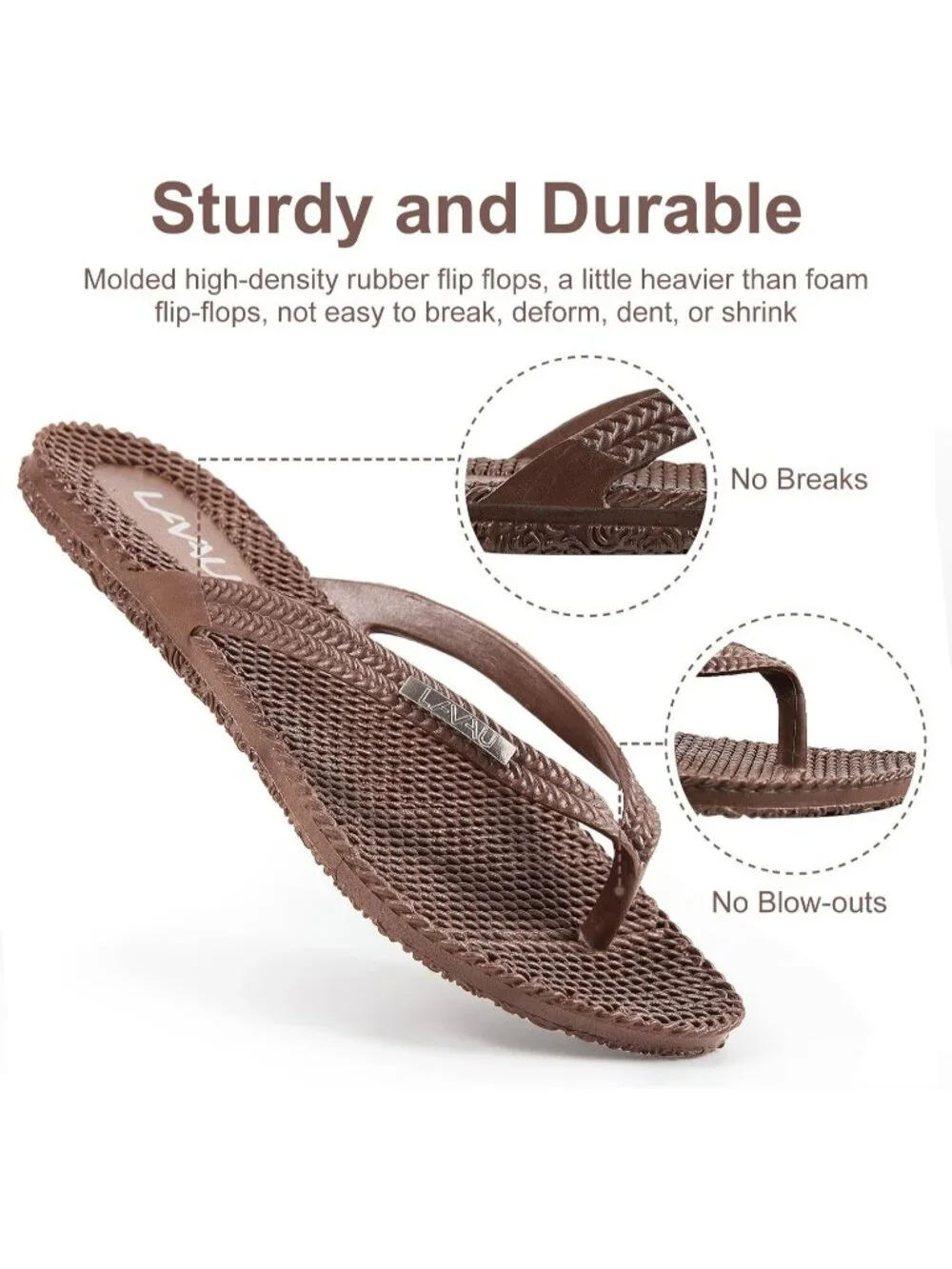 Women's Brown Rubber Sole Waterproof Non Slip Flip Flops Flat Thong Sandals